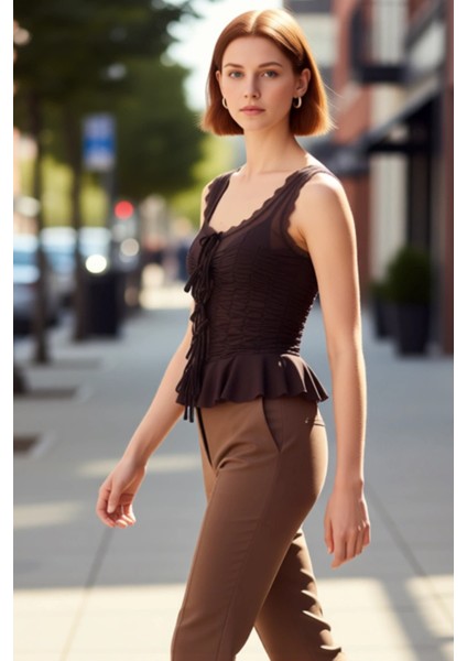 Kadın Kare Yaka Büzgülü Tül Bluz Kaliteli Şık Rahat Modern Zarif Günlük fırsatları