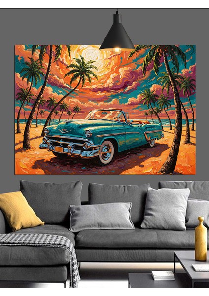 Mavi Klasik Araba Manzarası Dekoratif Kanvas - Mdf Ahşap Tablo