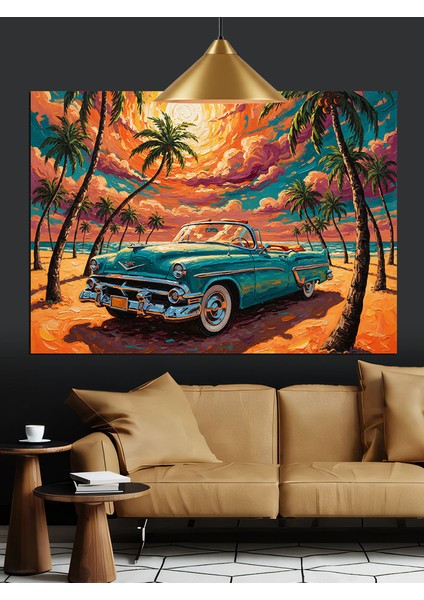 Mavi Klasik Araba Manzarası Dekoratif Kanvas - Mdf Ahşap Tablo indirimleri