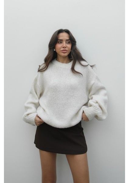 Ekru Balon Kol Bisiklet Yaka Kazak