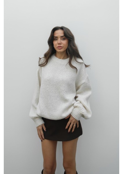 Ekru Balon Kol Bisiklet Yaka Kazak modelleri