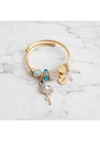 Çelik Flamingo Zirkon Taşlı Yeşil Charmlı Bileklik Pndr-Blk-Dk-Ysl