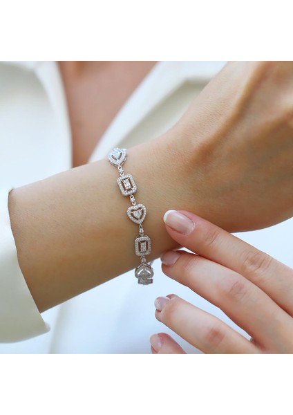 Kalp Baget Damla Figürlü Zirkon Taşlı Gümüş Bileklik