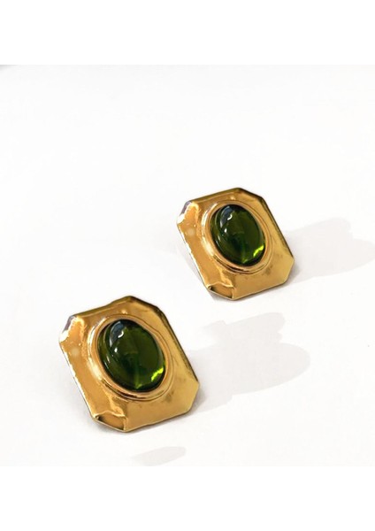 Gold Detaylı Renkli Taşlı Kare Çelik Vintage Küpe fırsatları