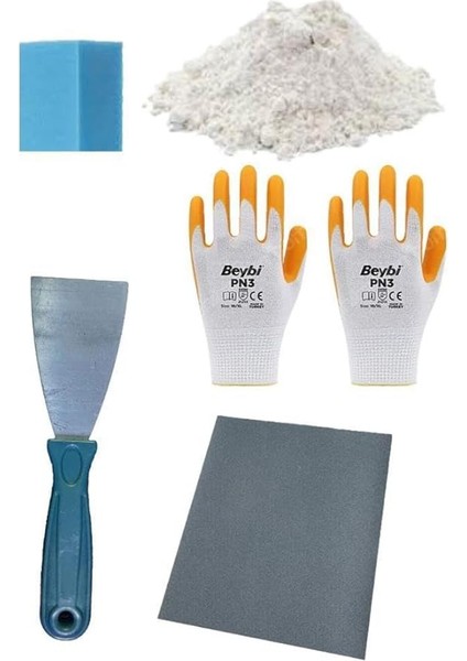Duvar Tamir Seti 2 kg Saten Alçısı,spatula,zımpara,sıva Süngeri,işçi Eldiveni 5 Parça Set
