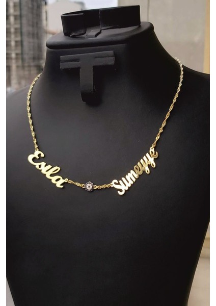 925 Ayar Gümüş 24 Ayar Altın Kaplama 2 Isimli Nazar Boncuklu Kolye