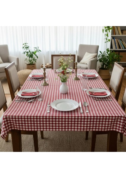 Kırmızı Beyaz Pötikare 6 Kişilik Masa Örtüsü 150X210 cm Şık Yemek Masası Örtüsü