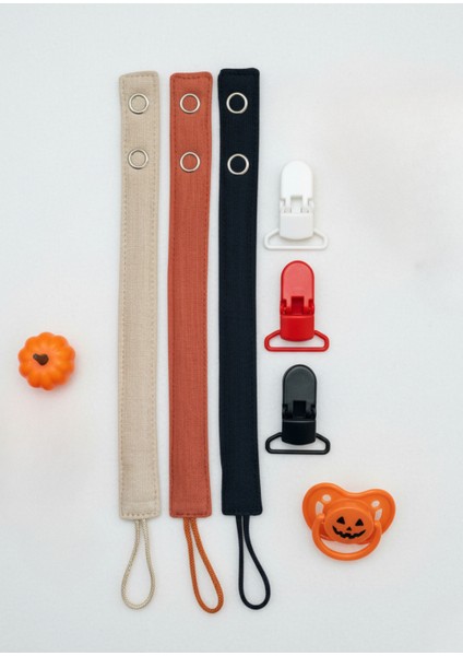 Halloween Bebek Emzik Askısı Seti %100 Pamuk, Plastik Klips