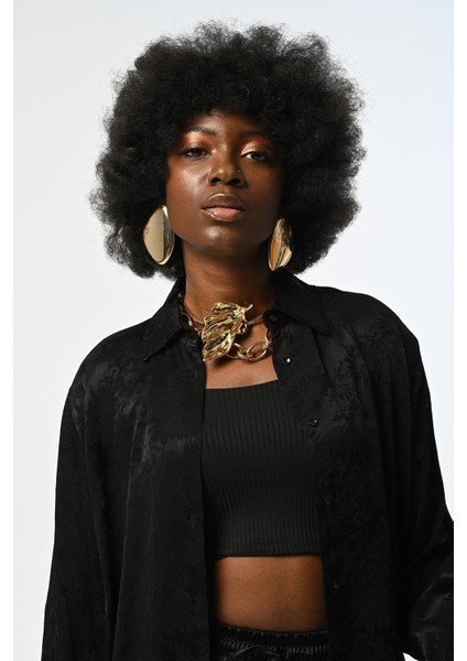 Kadın Siyah Jakarlı Desenli Oversize Gömlek modelleri