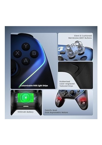 Super Nova Wireless Gaming Controller For Pc/switch/ios/android, Hall Effect Stick & Trigger, Rubberized Grips, Rgb Lighting, Swappable Abxy, Detachable Faceplate, 1000MAH With Charging Dock indirimleri