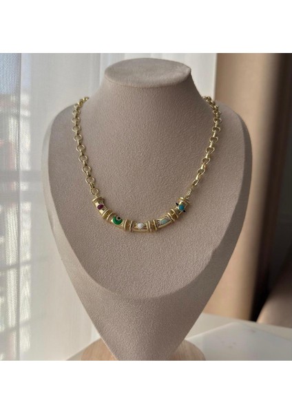 Özel Seri Gold 14K Kaplama Renkli Kalp Detaylı Kolye