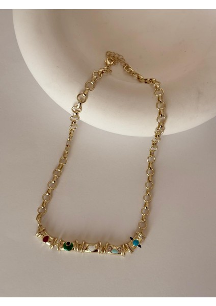 Özel Seri Gold 14K Kaplama Renkli Kalp Detaylı Kolye modelleri