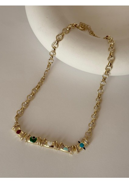 Özel Seri Gold 14K Kaplama Renkli Kalp Detaylı Kolye fırsatları