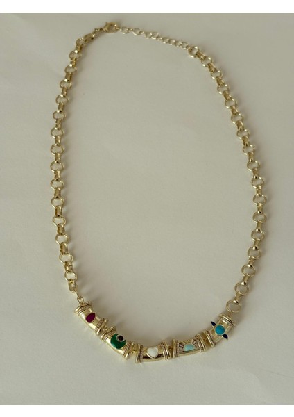 Özel Seri Gold 14K Kaplama Renkli Kalp Detaylı Kolye indirimleri