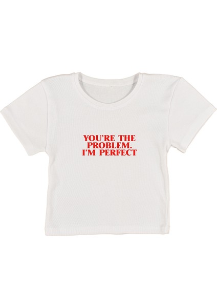 Perfect Baskılı Beyaz Crop Top
