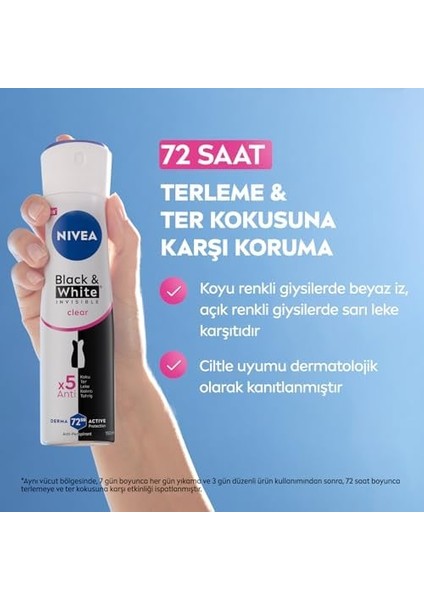 Nıvea Kadın Sprey Deodorant Black&white Clear 150ML ve Mini Roll-On 25ML, 72 Saat Anti-Perspirant Koruma modelleri