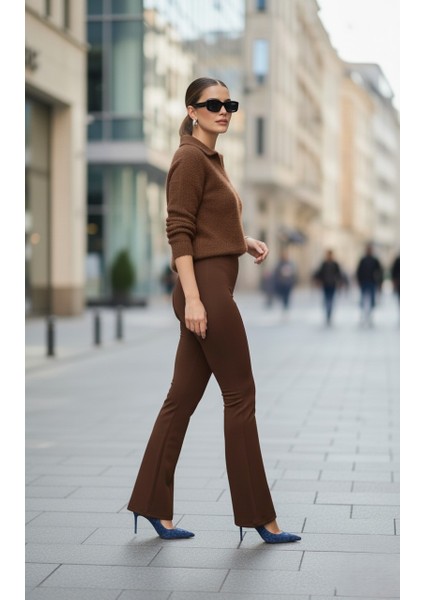 Yandan Fermuarlı Yüksek Bel Esnek Ispanyol Paça Tayt – Kadın Pantolon Modeli- Siyah ve Kahve