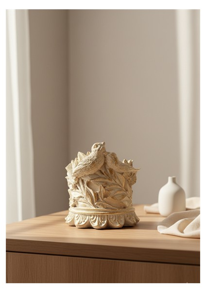 Dekoratif Polyester Kuşlu Şamdan Mumluk Krem Eskitme 11X11X10 cm