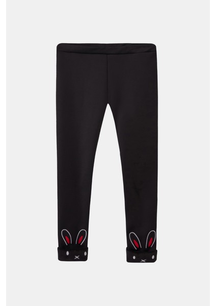 Siyah Kız Çocuk Içi Peluş Kulaklı Tavşan Nakışlı Extra Kalın Kışlık Tayt