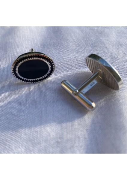 925 Ayar Gümüş Siyah Erkek Kol Düğmesi (Oval)- Şık Tasarım