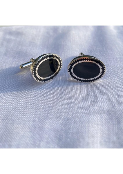 925 Ayar Gümüş Siyah Erkek Kol Düğmesi (Oval)- Şık Tasarım fiyatları