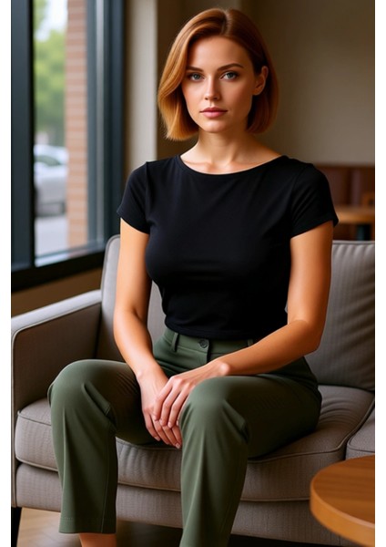 Kadın Esnek Örme Bisiklet Yaka Kısa Kollu Crop Kaliteli Şık Rahat Modern Zarif Günlük fiyatları