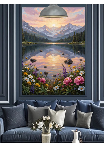 Karlı Dağlarla Çevrili Göl Manzarası Dekoratif Kanvas - Mdf Ahşap Tablo