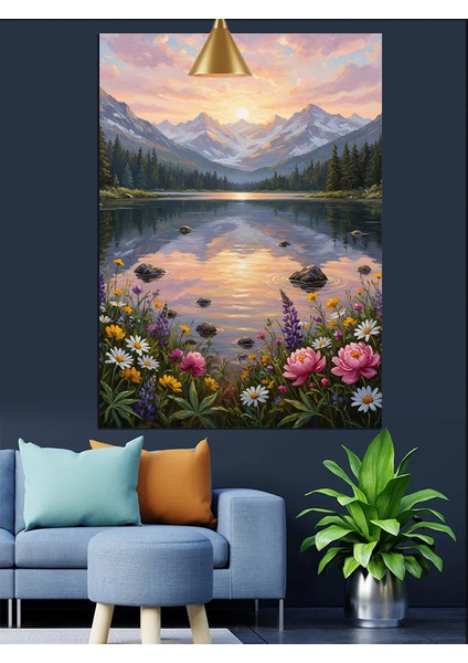 Karlı Dağlarla Çevrili Göl Manzarası Dekoratif Kanvas - Mdf Ahşap Tablo modelleri