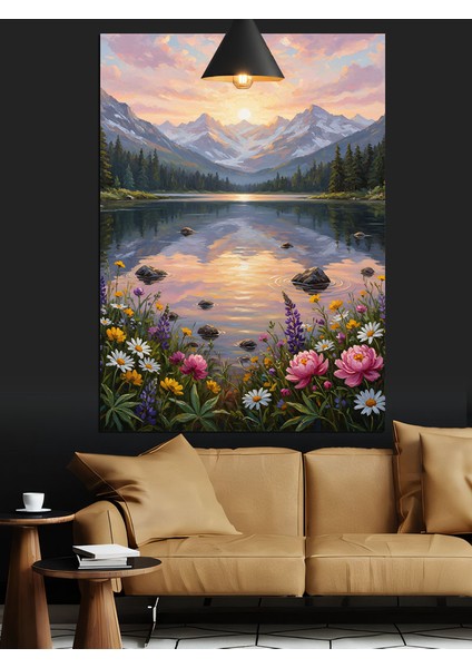 Karlı Dağlarla Çevrili Göl Manzarası Dekoratif Kanvas - Mdf Ahşap Tablo fırsatları