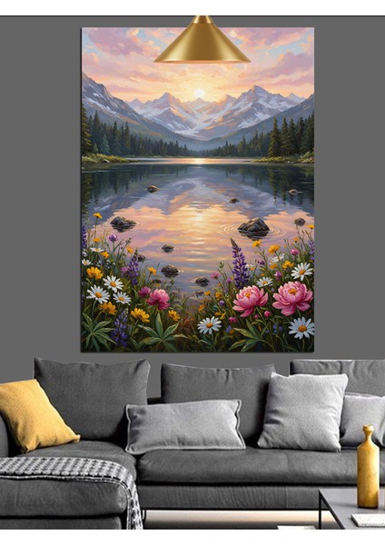 Karlı Dağlarla Çevrili Göl Manzarası Dekoratif Kanvas - Mdf Ahşap Tablo indirimleri