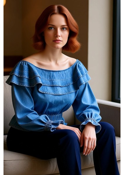 Kadın Denim Bluz Fırfırlı Carmen Yaka ve Balon Kollu Modern Tasarım Kaliteli Şık Rahat Modern
