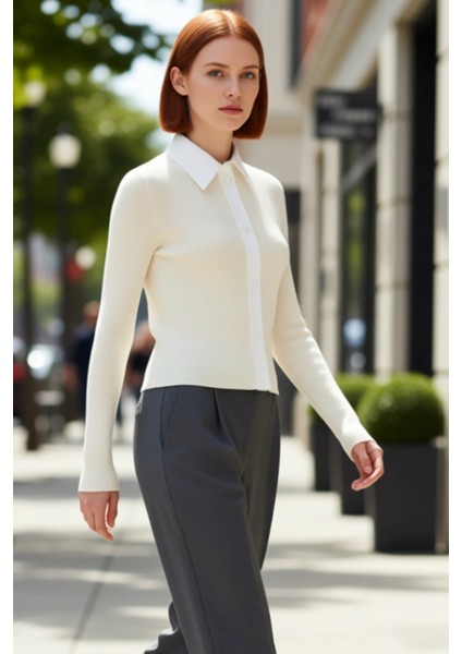 Kadın Gömlek Yaka Triko Bluz Şık ve Konforlu Günlük ve Ofis Giyim Için Ideal Kaliteli Şık Rahat