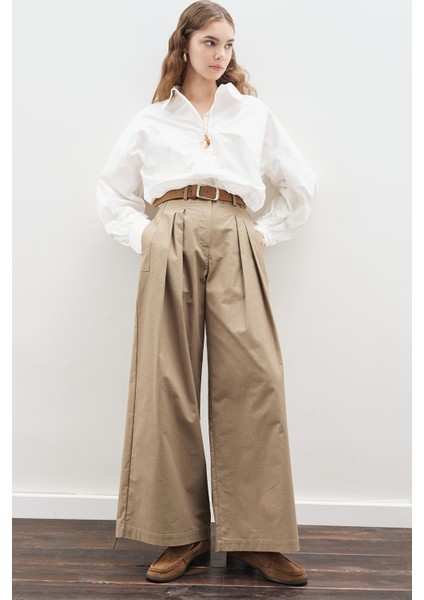 Geniş Pileli Gabardin Pantolon Haki