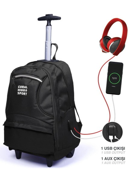 Siyah Dört Bölmeli Usb'li Çekçekli Sırt Çantası Seyahat Çantası