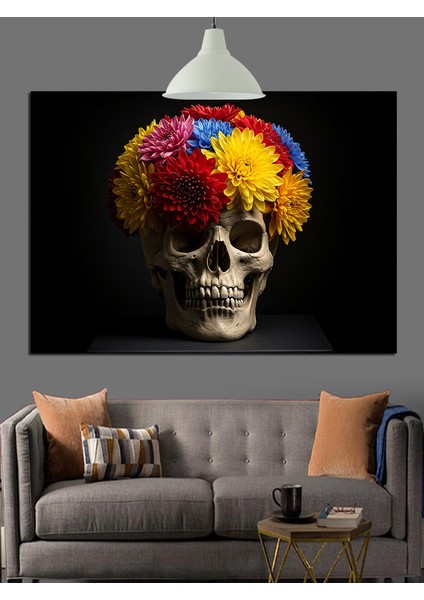 Çiçekli Kafatası Renkli Saç Dekoratif Kanvas - Mdf Ahşap Tablo