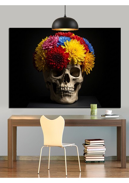 Çiçekli Kafatası Renkli Saç Dekoratif Kanvas - Mdf Ahşap Tablo fiyatları