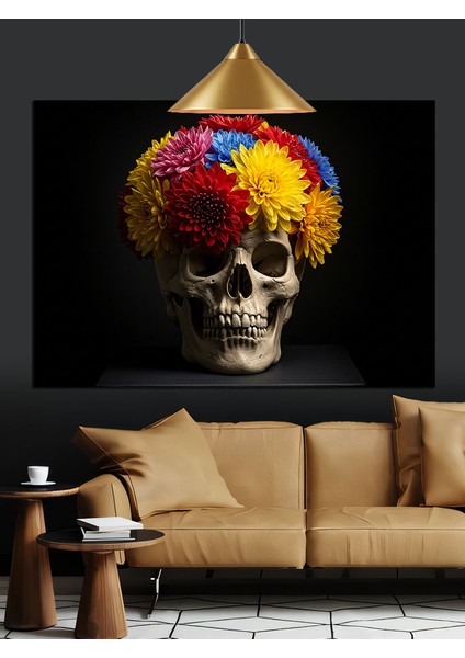 Çiçekli Kafatası Renkli Saç Dekoratif Kanvas - Mdf Ahşap Tablo fırsatları