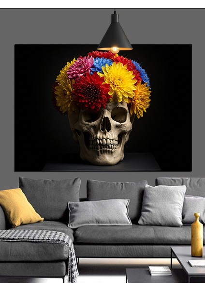 Çiçekli Kafatası Renkli Saç Dekoratif Kanvas - Mdf Ahşap Tablo indirimleri