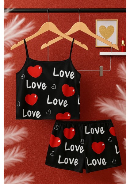 Siyah Aşk Temalı Kalp Baskılı Saten Şortlu Kadın Gecelik Seti fiyatları