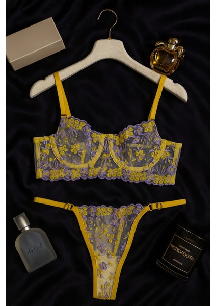 Sarı Çiçek Işlemeli Transparan Dantel Sütyen & String Takım