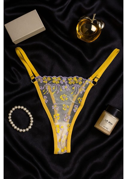 Sarı Çiçek Işlemeli Transparan Dantel Sütyen & String Takım modelleri