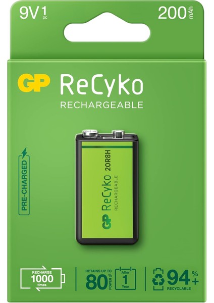 Batteries Recyko+ 200 9V Boy Ni-Mh Şarjlı Pil, 8.4 Volt, Tekli Kart