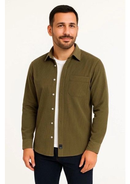 Erkek Fitilli Kadife Cepli Gömlek Oversize Rahat Kalıp - Haki