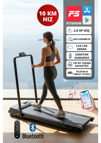 T-220 Katlanabilir Yürüyüş ve Koşu Bandı /Bluetooth ve Hoparlör/2HP Motor/10 KM/ Uzaktan Kumanda