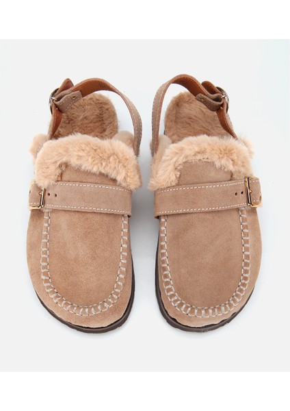 01TEH315700A340 KADIN Süet Deri Bej Içi Kürklü Sabo Terlik