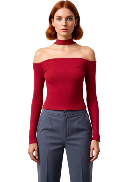 Kadın Fitted Örme Bluz Choker Yaka Düşük Kol Uzun Kollu Crop Kesim Günlük Kullanıma Uygun modelleri