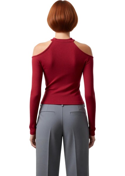 Kadın Fitted Örme Bluz Choker Yaka Düşük Kol Uzun Kollu Crop Kesim Günlük Kullanıma Uygun fırsatları