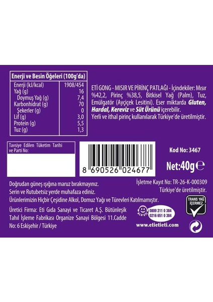 Eti Gong Orijinal Lezzet Mısır ve Pirinç Patlağı 40 G x 18 Adet fiyatları