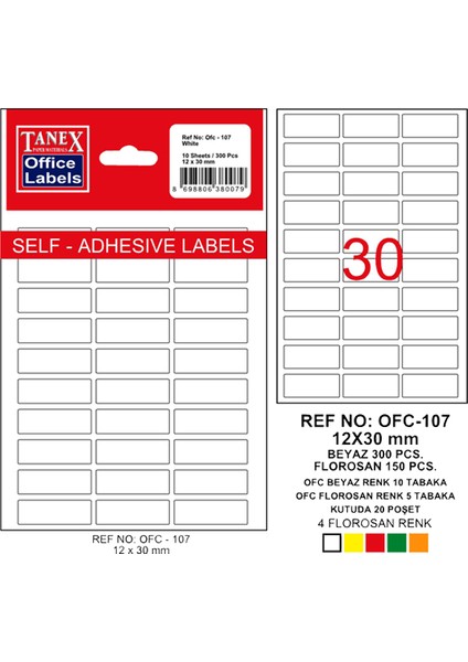 Ofis Etiketi Poşetli 12X30 mm Beyaz OFC-107