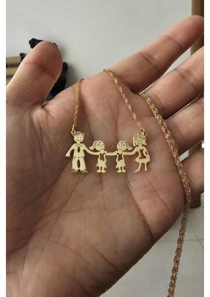 925 Ayar Gümüş 24 Ayar Altın Kaplama 4 Kişilik Aile Kolye